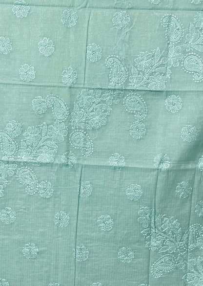 Firgun Mint Green Lucknowi Chikankari Mul Cotton Saree with Unstitched Blouse Piece