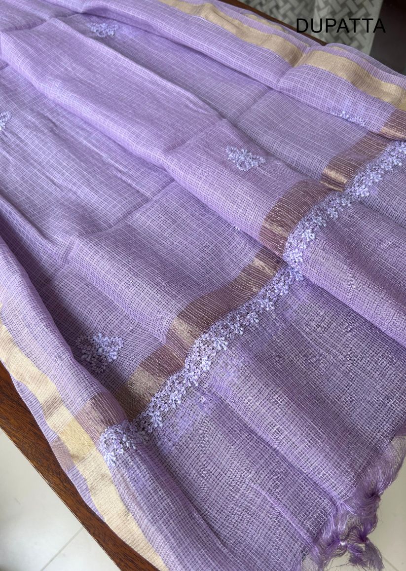 Firgun Royal Purple Lucknowi Chikankari Kota Unstitched Kurta & Dupatta Set