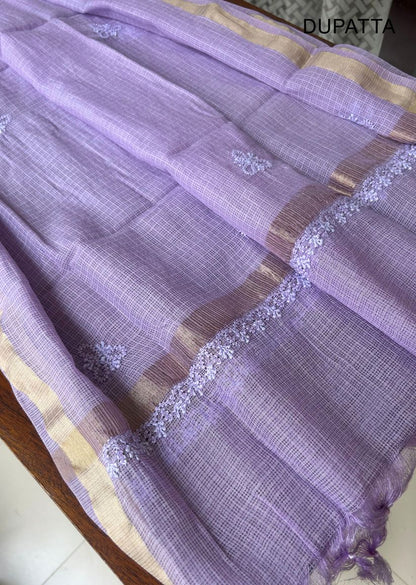 Firgun Royal Purple Lucknowi Chikankari Kota Unstitched Kurta & Dupatta Set