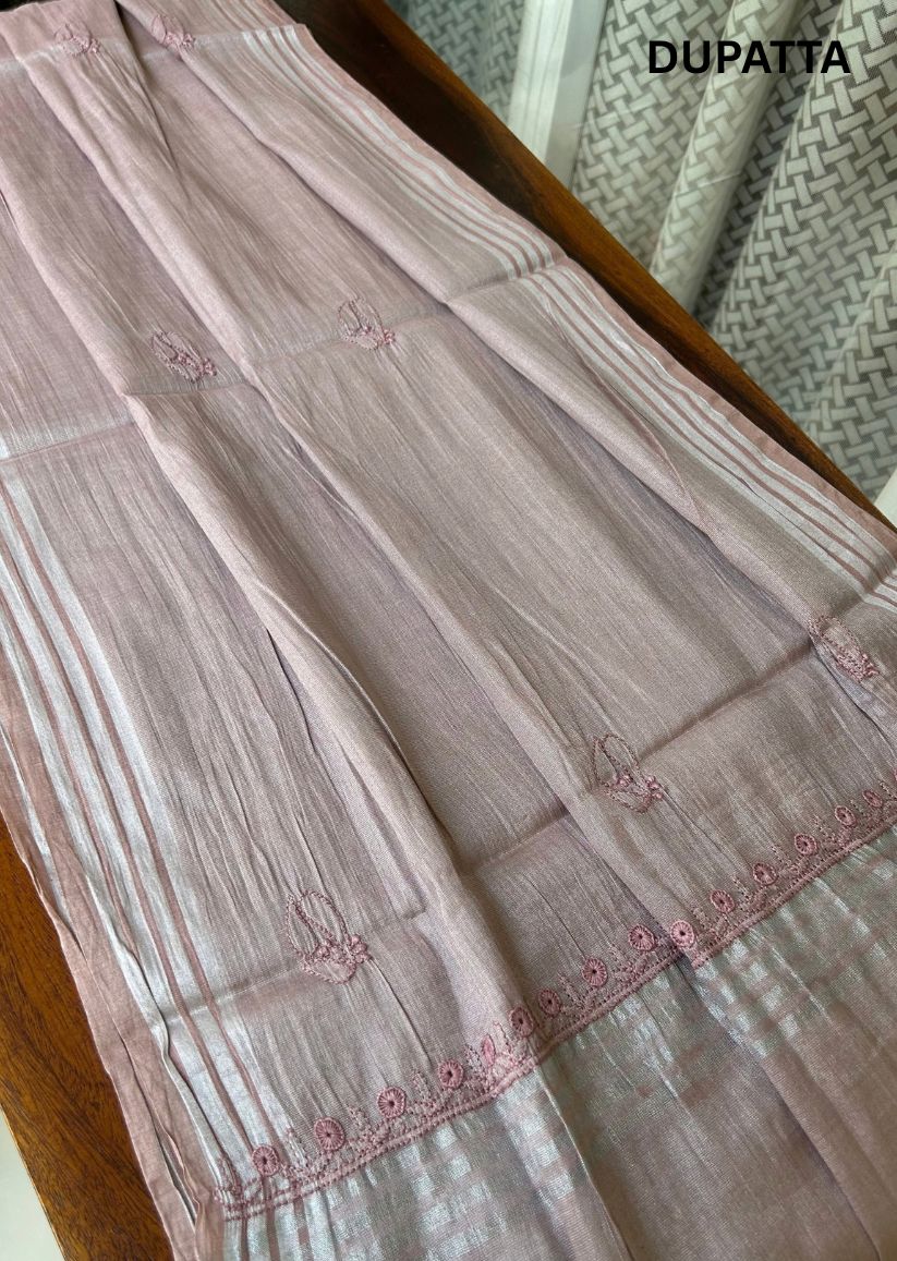Firgun Rose Taupe Lucknowi Chikankari Chanderi Silver Tissue Kurta Dupatta Set