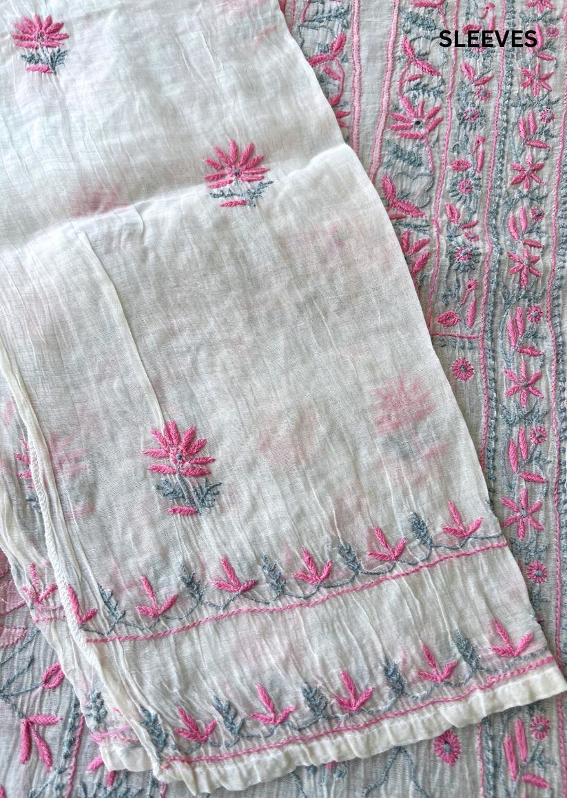Firgun White Lucknowi Chikankari with Pink & Grey Work Mul Chanderi Unstitched Kurta & Dupatta Set