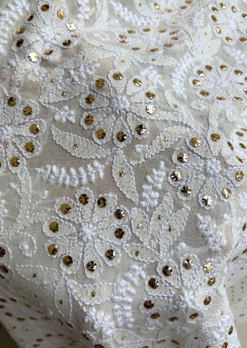 Firgun Cream Lucknowi Chikankari Pure Georgette Mukaish Work Dupatta