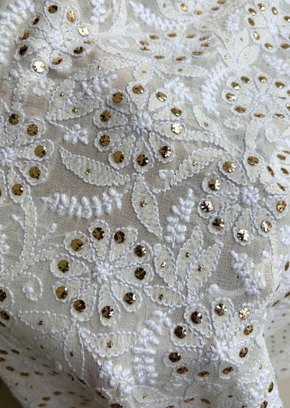 Firgun Cream Lucknowi Chikankari Pure Georgette Mukaish Work Dupatta