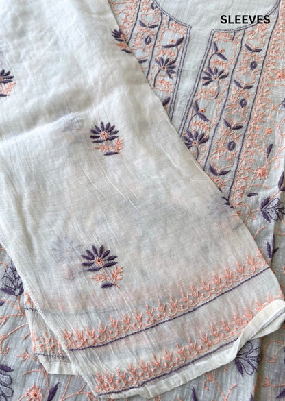 Firgun White Lucknowi Chikankari with Wine & Peach Work Mul Chanderi Unstitched Kurta & Dupatta Set