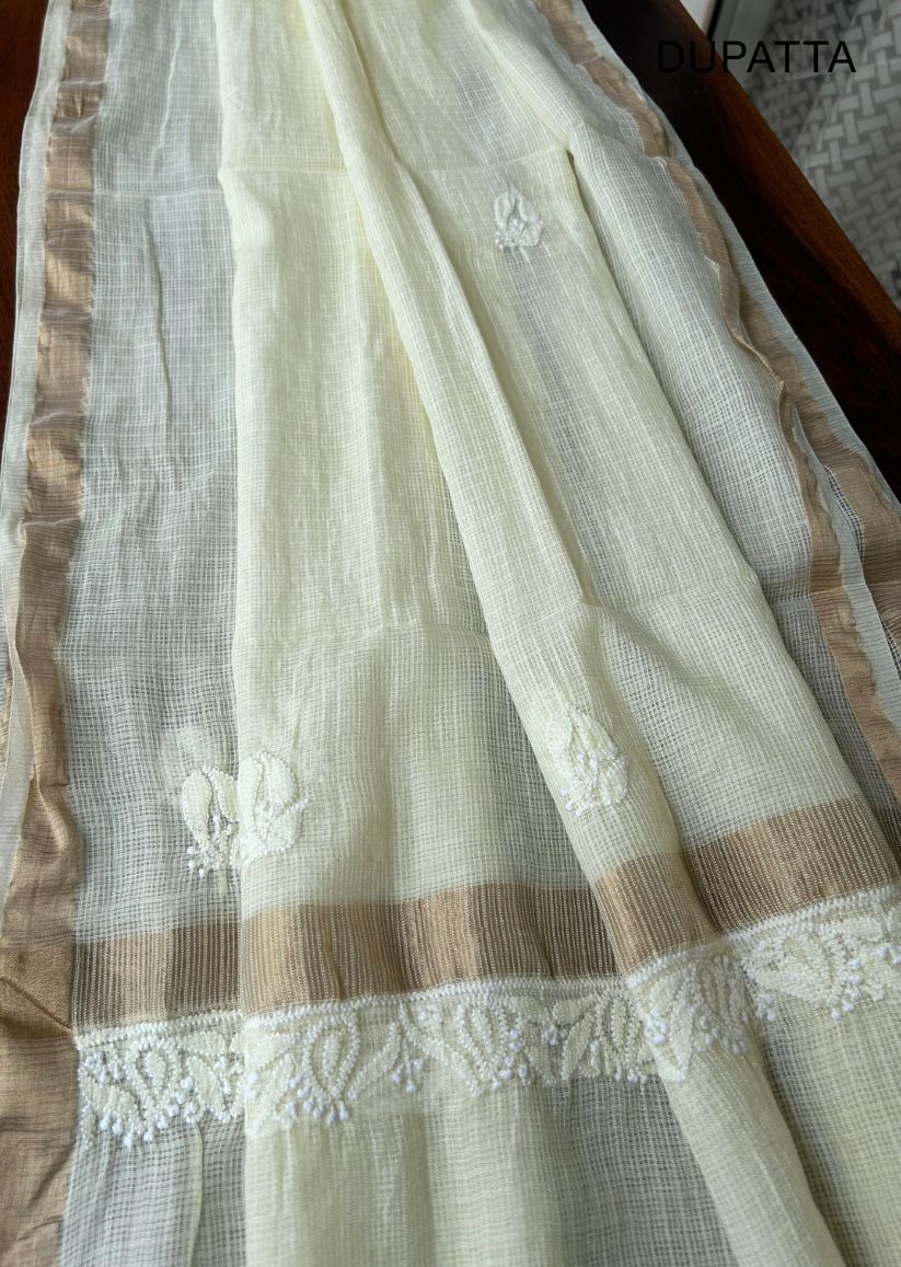 Firgun Lemon Lucknowi Chikankari Kota Unstitched Kurta & Dupatta Set