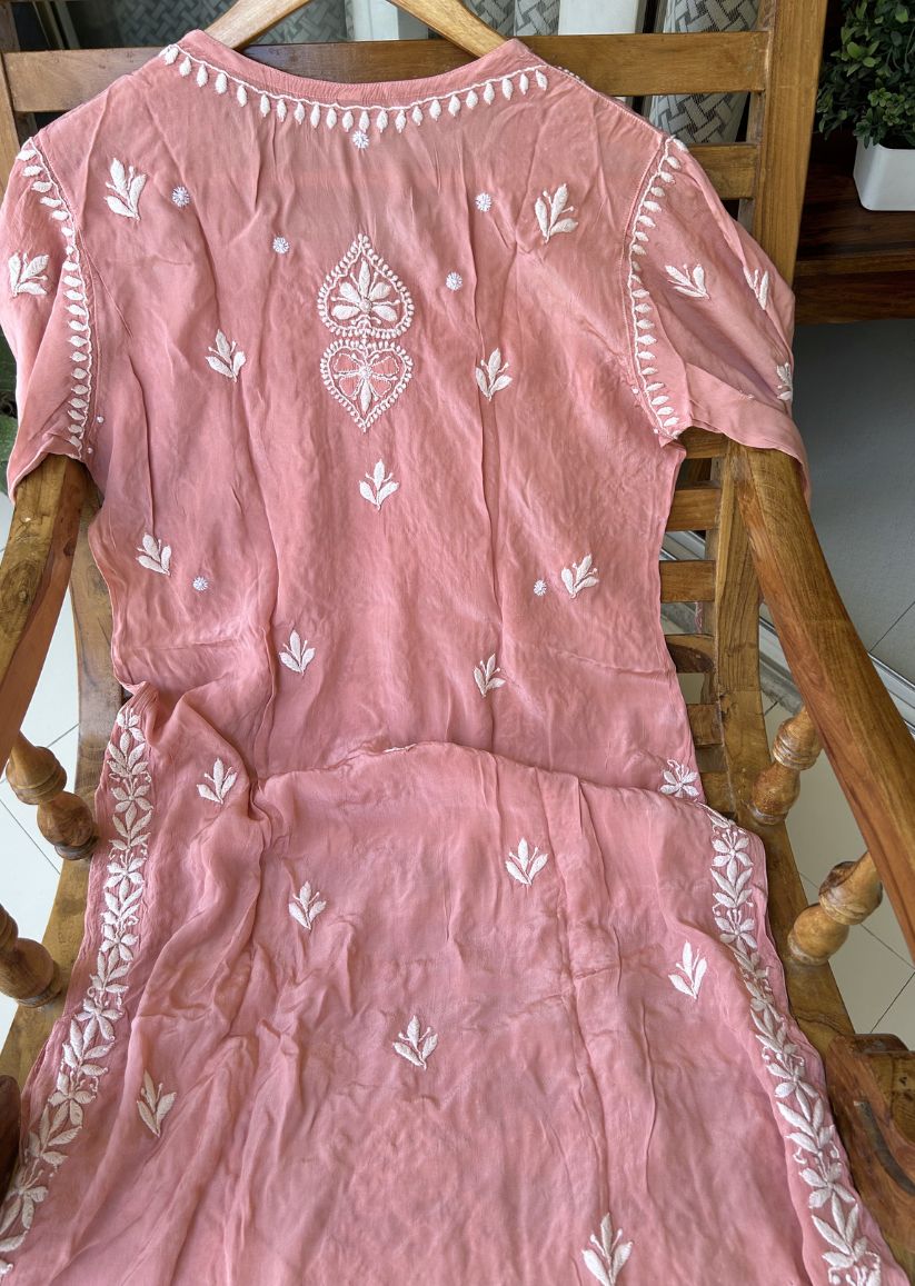 Firgun Peach Lucknowi Chikankari Silk Straight Kurta