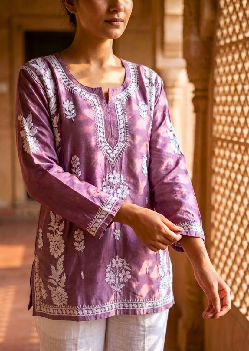 Firgun Wine Lucknowi Chikankari Chanderi Top
