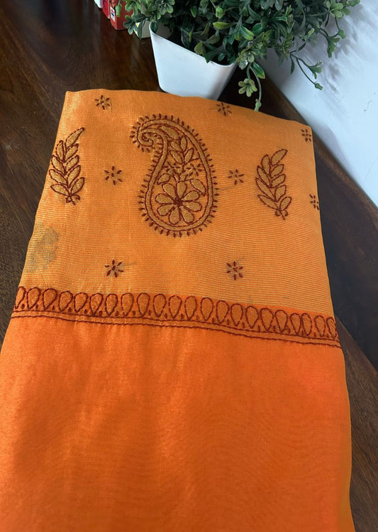 Firgun Tangerine Lucknowi Chikankari Chanderi Saree with Unstitched Blouse Piece