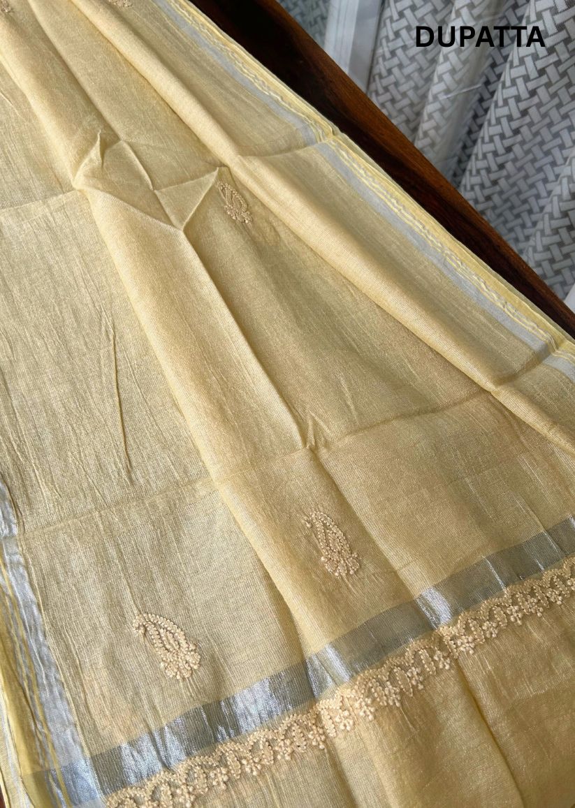 Firgun Yellow Lucknowi Chikankari Chanderi Silver Tissue Kurta Dupatta Set