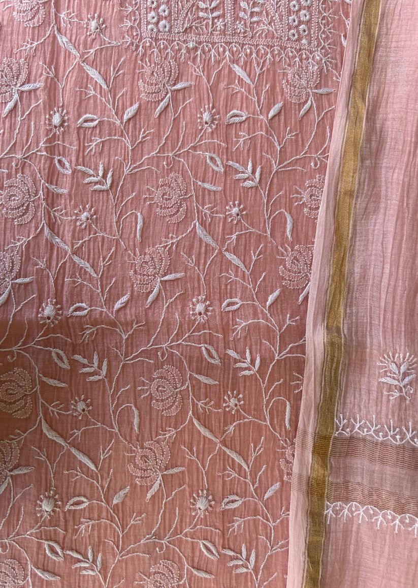Firgun Peach Lucknowi Chikankari Mul Chanderi Unstitched Kurta & Dupatta Set