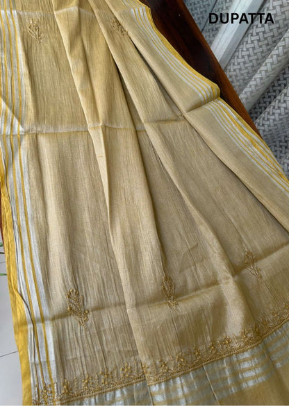 Firgun Mustard Lucknowi Chikankari Chanderi Silver Tissue Kurta Dupatta Set