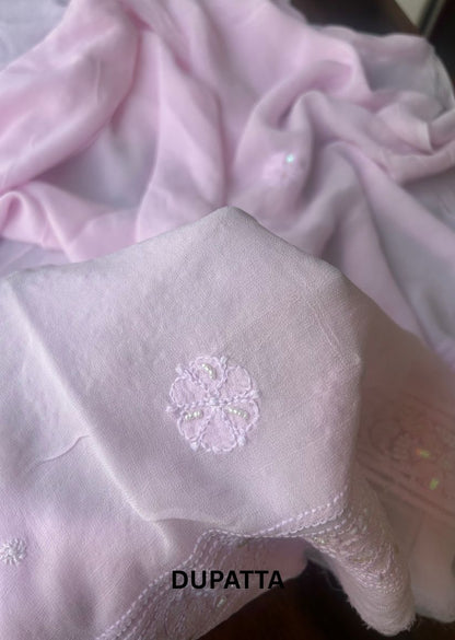 Firgun Baby Pink Lucknowi Chikankari Viscose Georgette Unstitched Kurta & Dupatta Set
