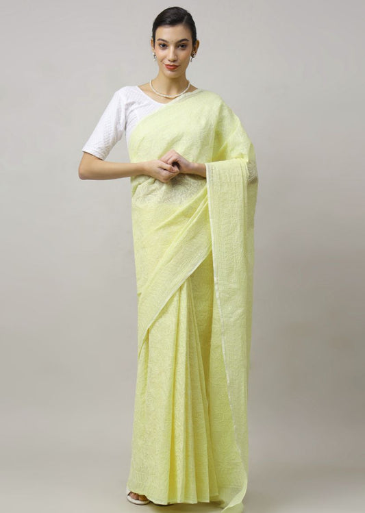 Firgun Hand Embroidered Lemon Lucknowi Chikankari Kota Doria Tepchi Work Saree with Blouse Piece