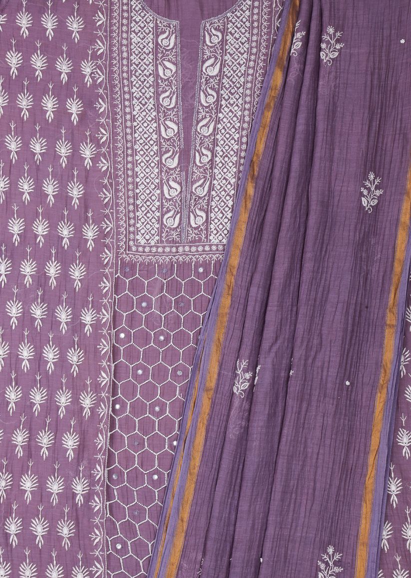 Firgun Mauve Lucknowi Chikankari & Pearl Work Mul Chanderi Unstitched Kurta & Dupatta Set