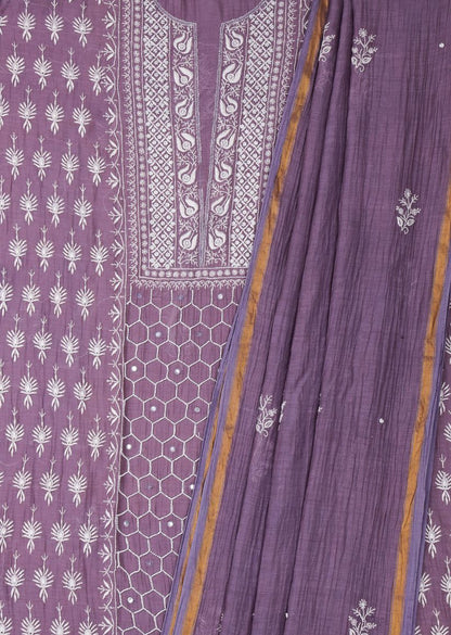 Firgun Mauve Lucknowi Chikankari & Pearl Work Mul Chanderi Unstitched Kurta & Dupatta Set