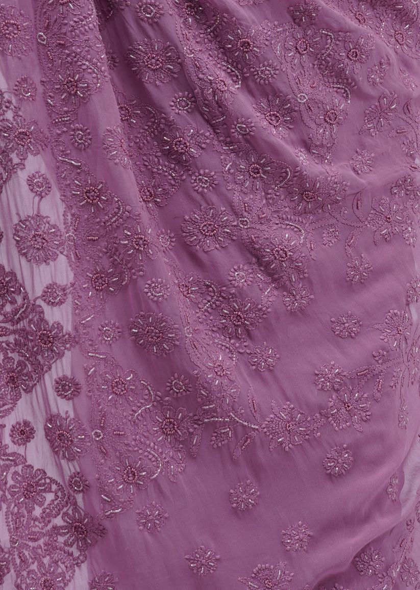 Firgun Wine Lucknowi Chikankari Viscose Georgette Saree with Unstitched Blouse Piece