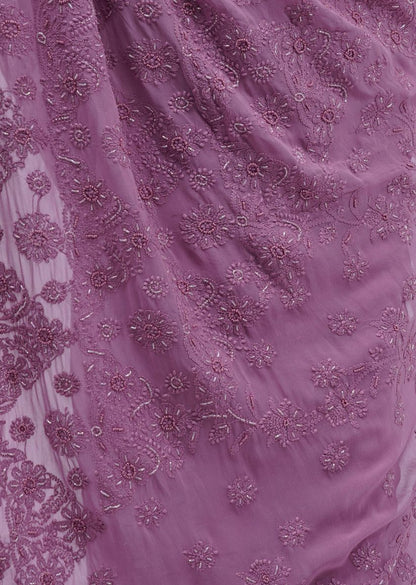 Firgun Wine Lucknowi Chikankari Viscose Georgette Saree with Unstitched Blouse Piece