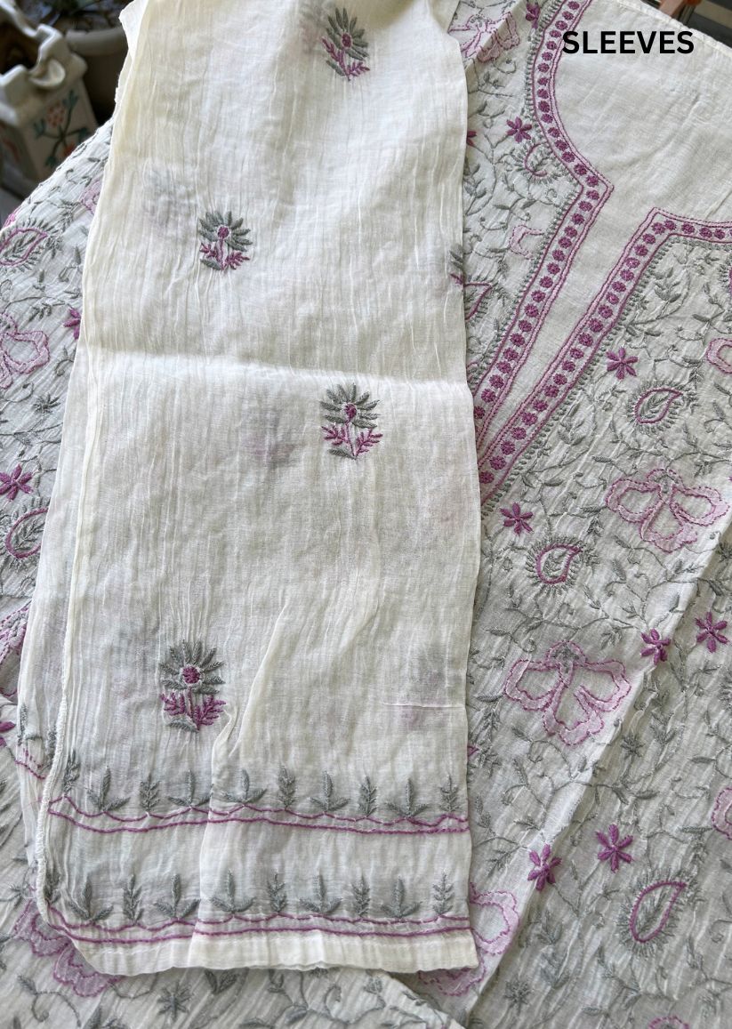 Firgun White Lucknowi Chikankari with Violet & Grey Work Mul Chanderi Unstitched Kurta & Dupatta Set