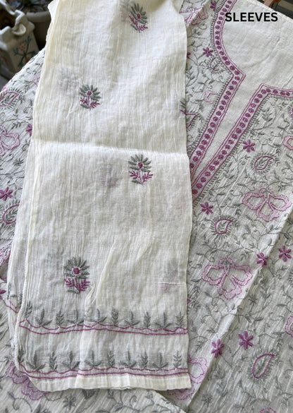 Firgun White Lucknowi Chikankari with Violet & Grey Work Mul Chanderi Unstitched Kurta & Dupatta Set