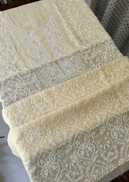 Firgun Butter Yellow Lucknowi Chikankari with Pearl & Cutdana Work Mul Chanderi Unstitched Kurta & Dupatta Set