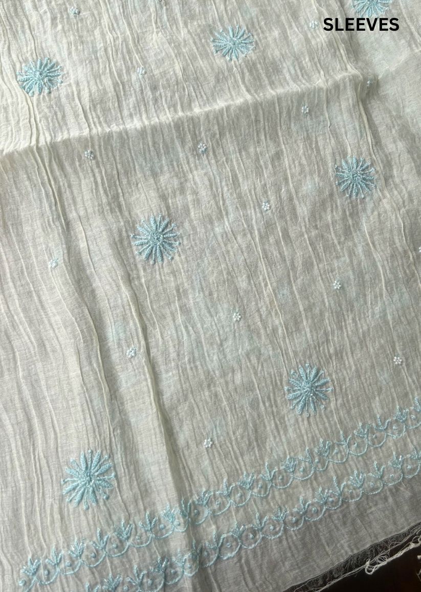 Firgun Ivory & Blue Lucknowi Chikankari Mul Chanderi Unstitched Kurta & Dupatta Set with Pearl & Cutdana Work