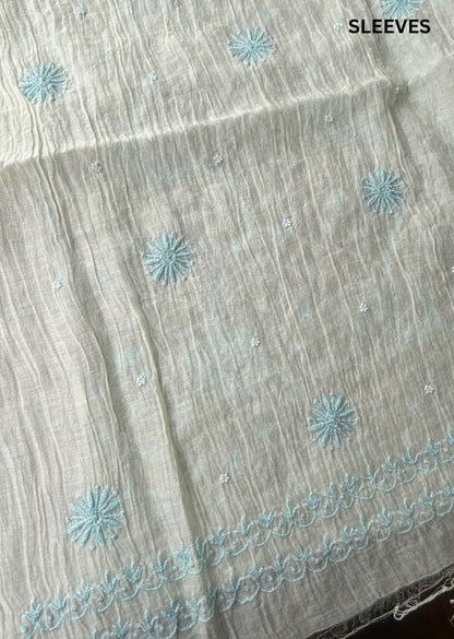 Firgun Ivory & Blue Lucknowi Chikankari Mul Chanderi Unstitched Kurta & Dupatta Set with Pearl & Cutdana Work