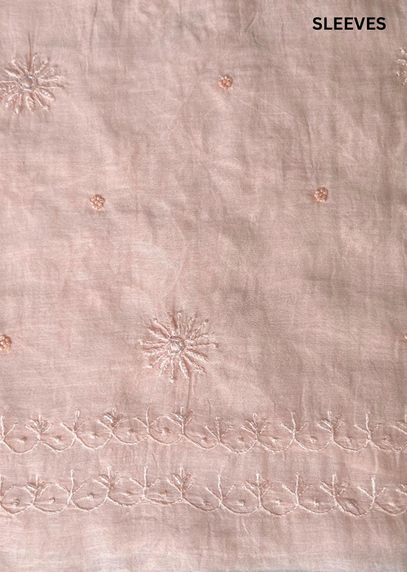 Firgun Peach Lucknowi Chikankari Mul Chanderi Unstitched Kurta & Dupatta Set with Pearl & Cutdana Work