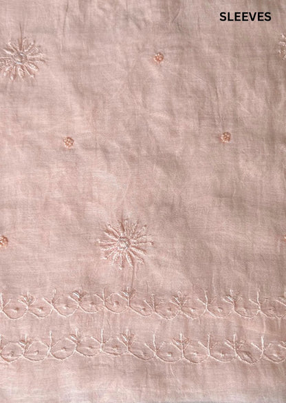 Firgun Peach Lucknowi Chikankari Mul Chanderi Unstitched Kurta & Dupatta Set with Pearl & Cutdana Work