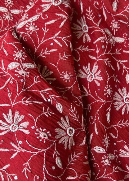 Firgun Red Lucknowi Chikankari Mul Chanderi Unstitched Kurta & Dupatta Set with Pearl & Cutdana Work