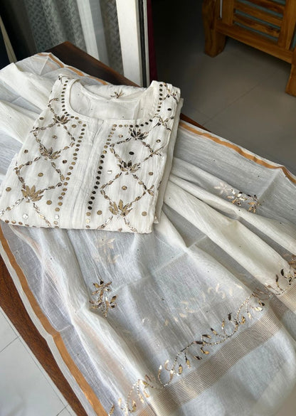 Firgun White Lucknowi Chikankari Mul Chanderi Semi-stitched Anarkali & Dupatta Set