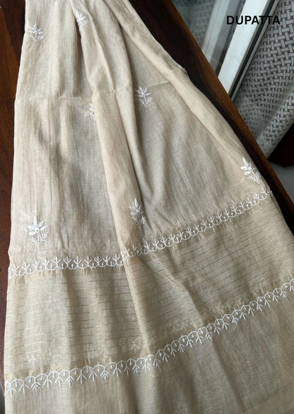 Firgun Beige Lucknowi Chikankari Mul Chanderi Unstitched Kurta & Dupatta Set with Pearl & Cutdana Work