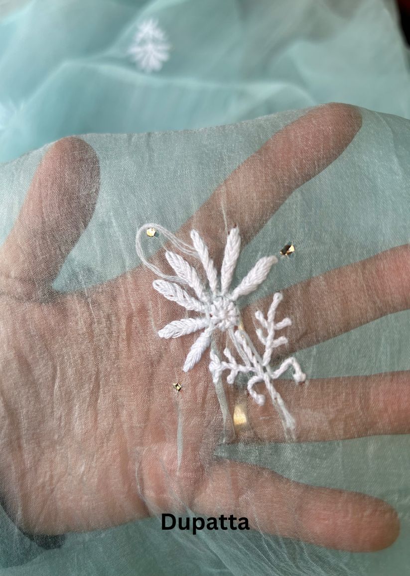 Firgun Aqua Blue Lucknowi Chikankari Pure Organza Unstitched Kurta & Dupatta Set