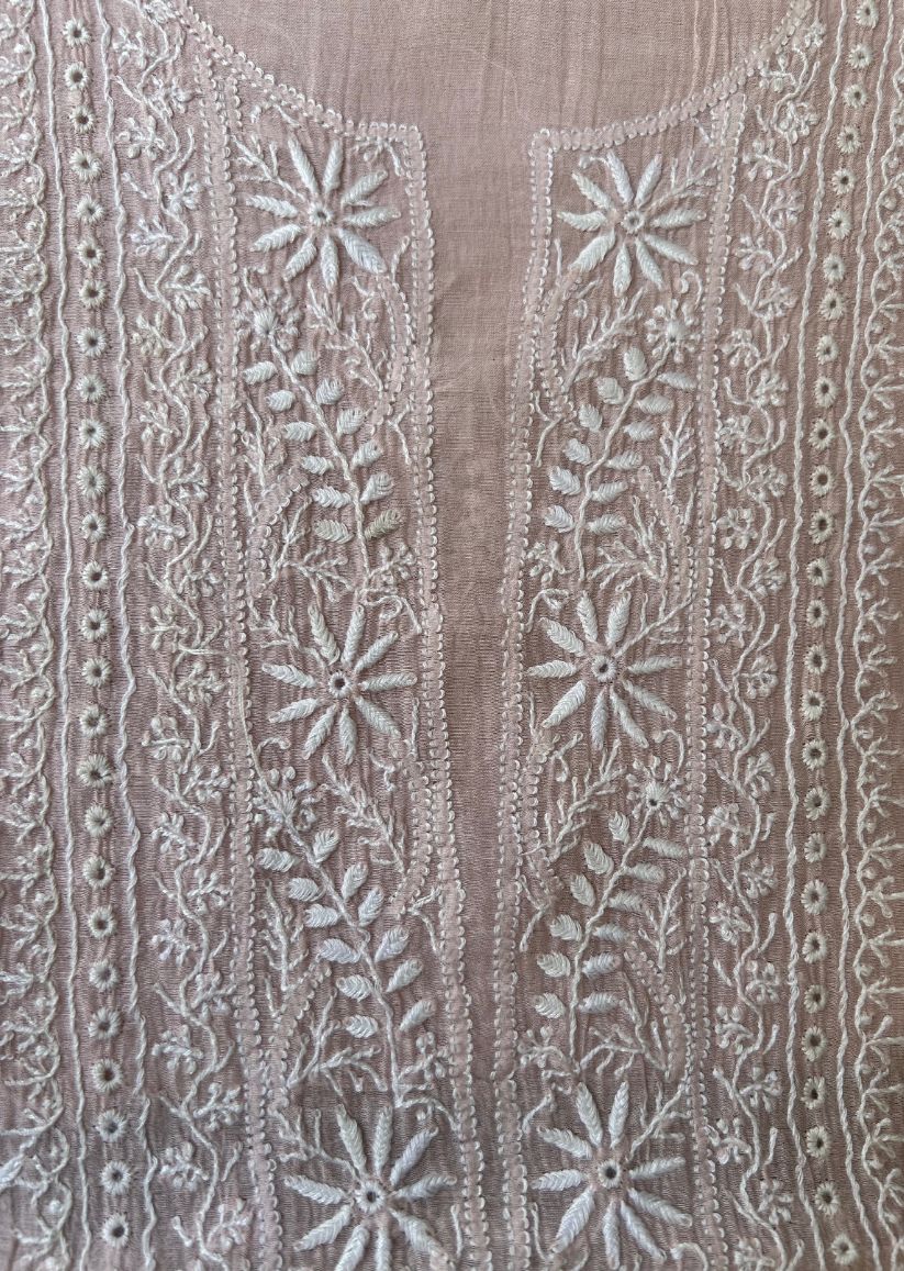 Firgun Pale Pink Lucknowi Chikankari Mul Chanderi Unstitched Kurta & Dupatta Set