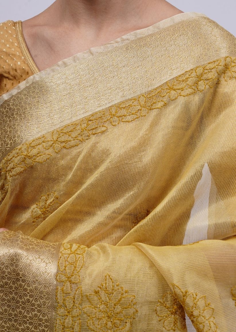 Firgun Mustard Lucknowi Chikankari Organza Tissue Saree with Unstitched Blouse Piece