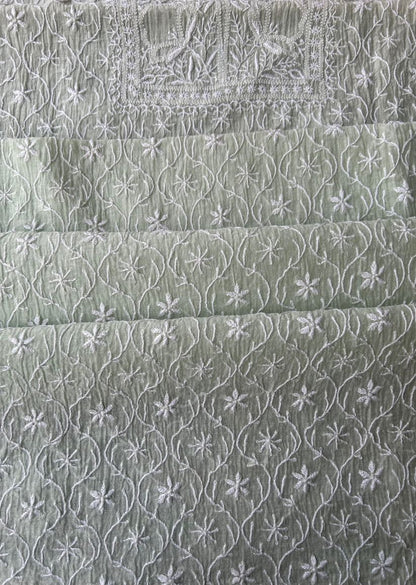 Firgun Pale Mint Green Lucknowi Chikankari Mul Chanderi Unstitched Kurta & Dupatta Set