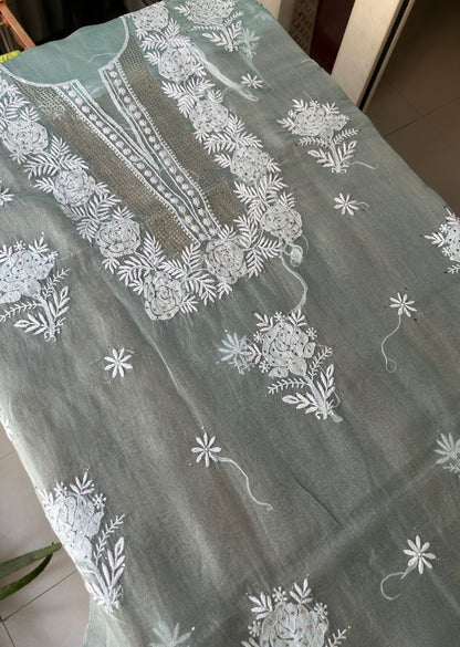 Firgun Aqua Blue Lucknowi Chikankari Pure Organza Unstitched Kurta & Dupatta Set