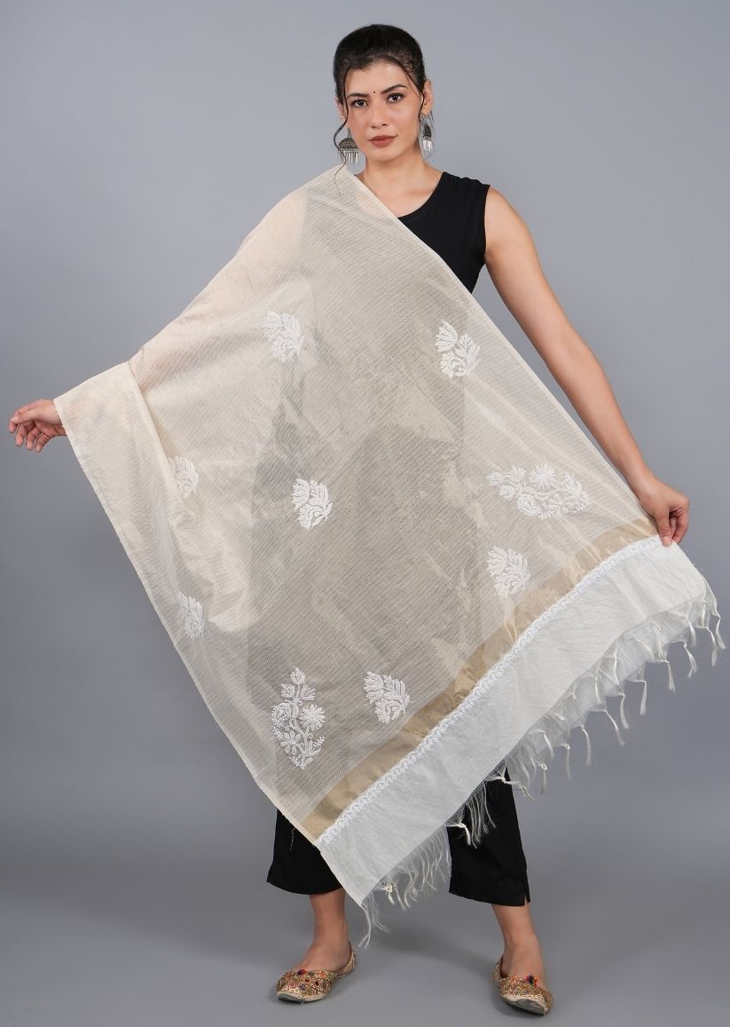 Firgun White & Gold Lucknowi Chikankari Tissue Chanderi Dupatta