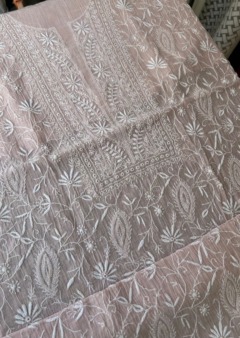 Firgun Pale Pink Lucknowi Chikankari Mul Chanderi Unstitched Kurta & Dupatta Set