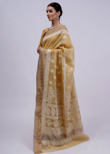 Firgun Mustard Lucknowi Chikankari Cotton Saree with Unstitched Blouse Piece