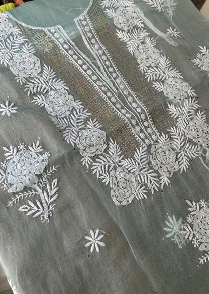 Firgun Aqua Blue Lucknowi Chikankari Pure Organza Unstitched Kurta & Dupatta Set