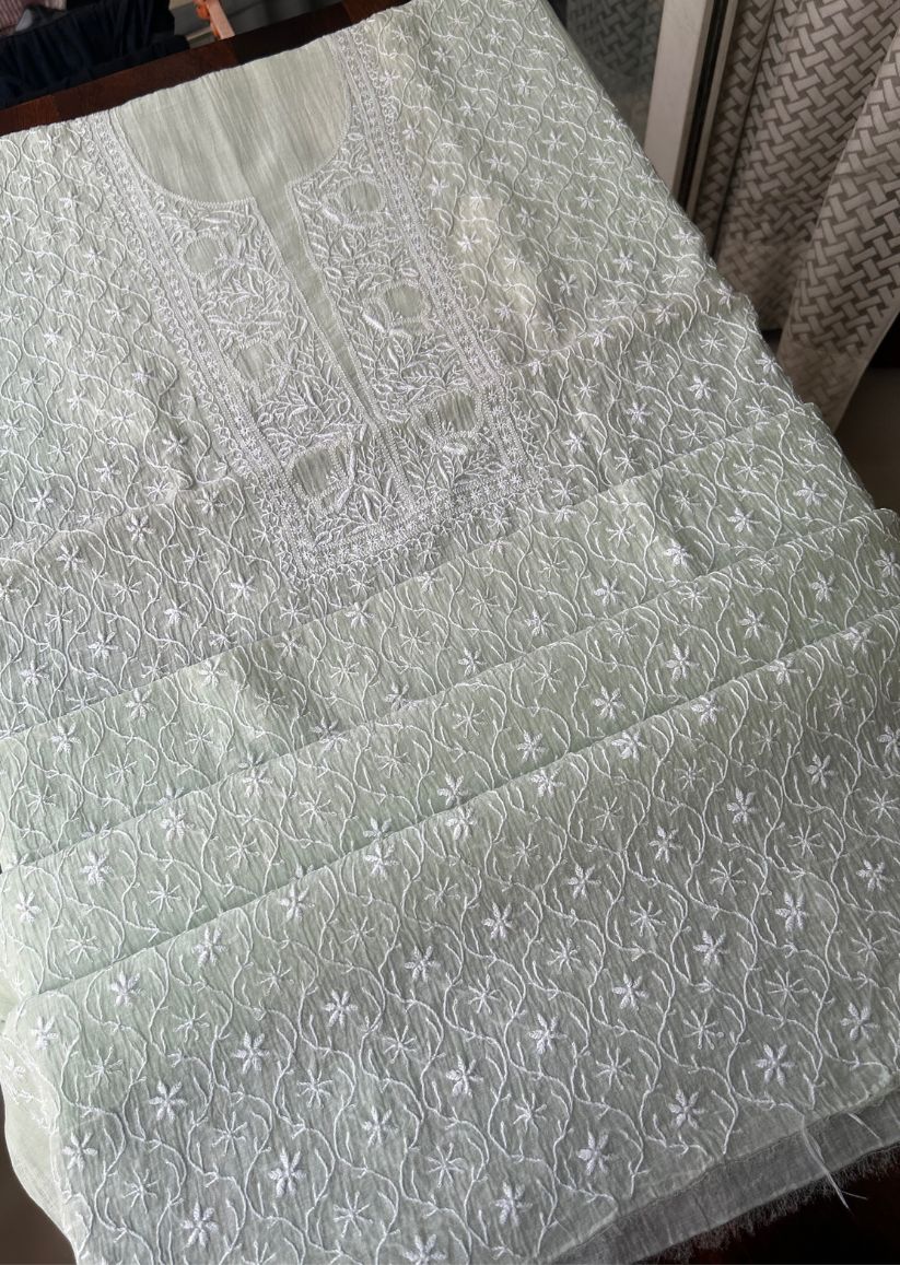 Firgun Pale Mint Green Lucknowi Chikankari Mul Chanderi Unstitched Kurta & Dupatta Set