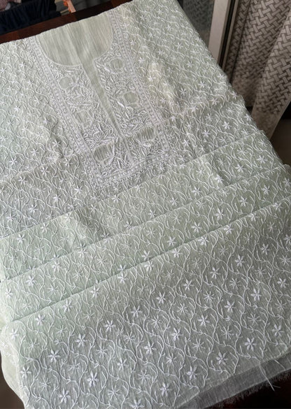 Firgun Pale Mint Green Lucknowi Chikankari Mul Chanderi Unstitched Kurta & Dupatta Set