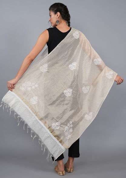 Firgun White & Gold Lucknowi Chikankari Tissue Chanderi Dupatta