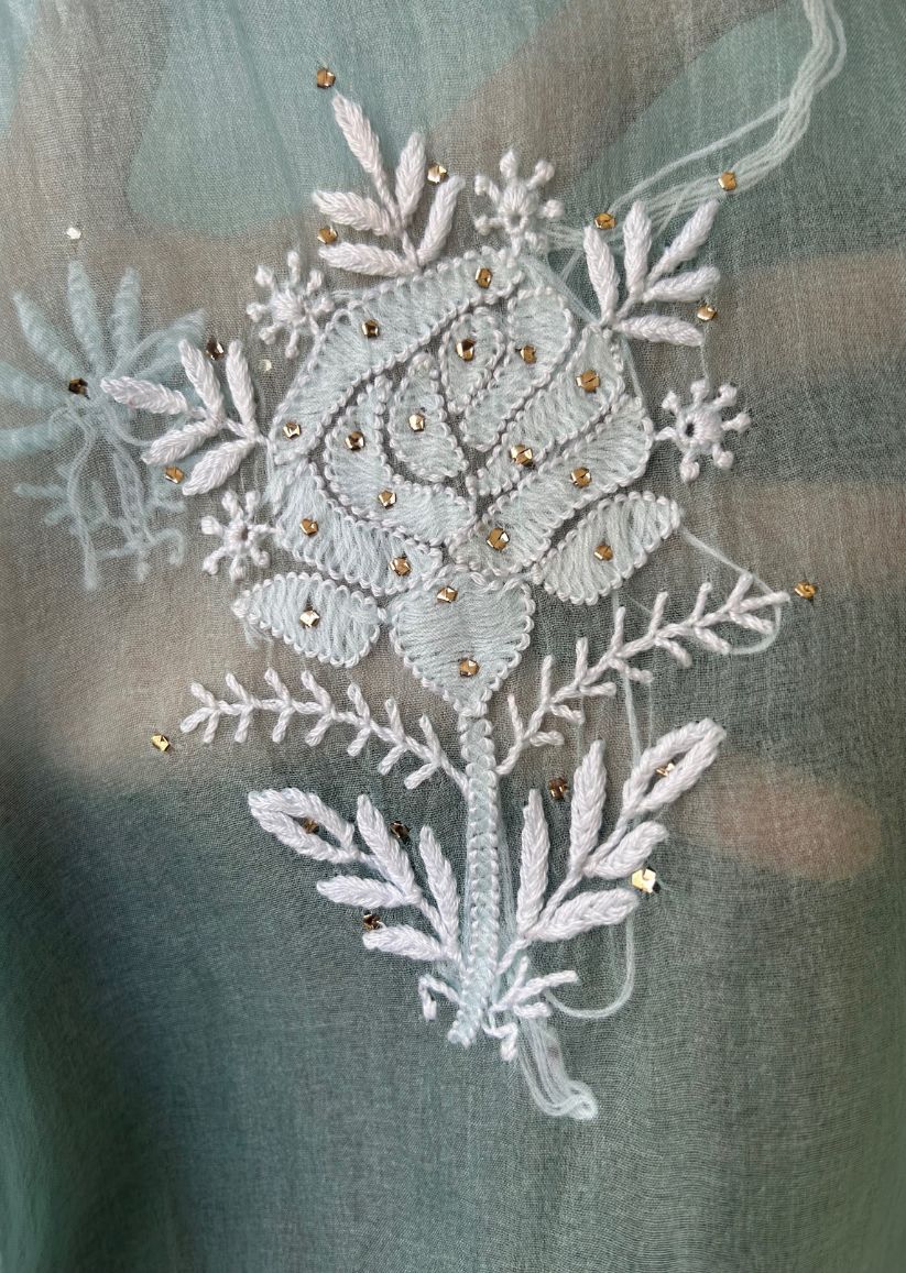 Firgun Aqua Blue Lucknowi Chikankari Pure Organza Unstitched Kurta & Dupatta Set