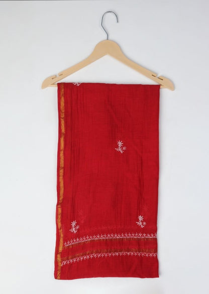 Firgun Red Lucknowi Chikankari Mul Chanderi Unstitched Kurta & Dupatta Set