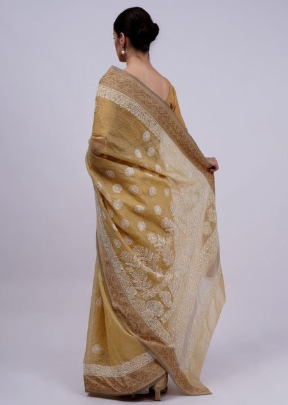 Firgun Mustard Lucknowi Chikankari Cotton Saree with Unstitched Blouse Piece