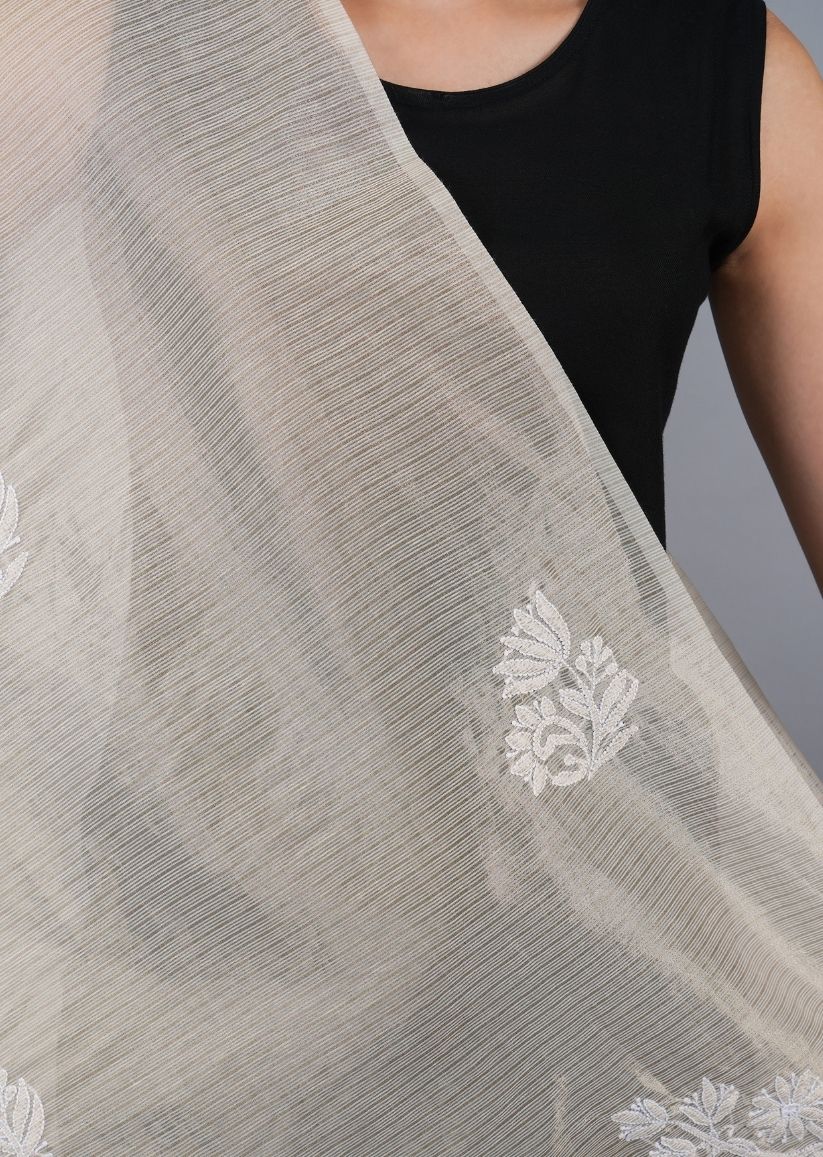 Firgun White & Gold Lucknowi Chikankari Tissue Chanderi Dupatta