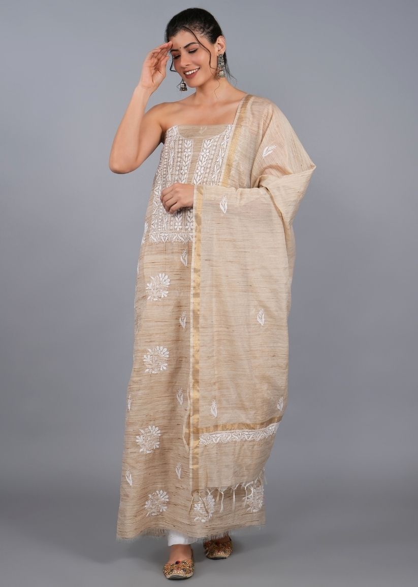 Firgun Beige Lucknowi Chikankari Khadi Silk Unstitched Kurta & Dupatta Set