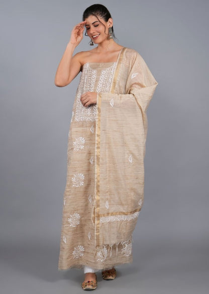 Firgun Beige Lucknowi Chikankari Khadi Silk Unstitched Kurta & Dupatta Set