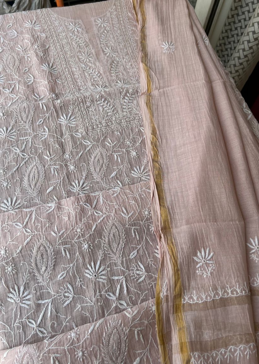Firgun Pale Pink Lucknowi Chikankari Mul Chanderi Unstitched Kurta & Dupatta Set